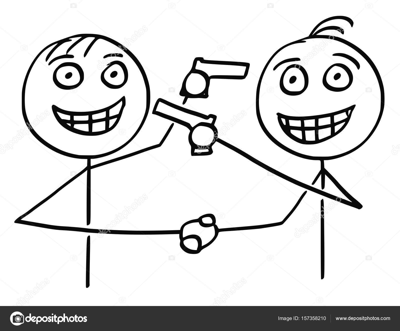 Vektorkarikatur av to menn Håndhilser, smiler og peker våpen stockvektor ©  ursus@zdeneksasek.com #157358210, image size:1024x847