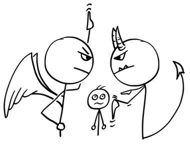 Vector Cartoon of Angel  and Devil Arguing Fighting about Man clipart