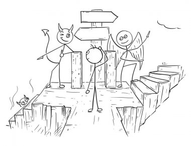 Melek ve şeytan adam iki alışkanlıklar-e doğru cehennem ve cennet gösterilen vektör karikatür