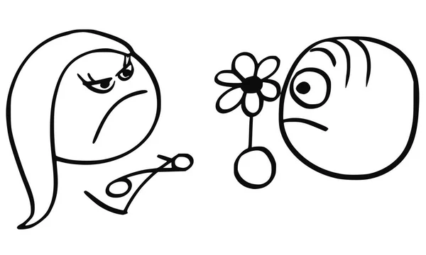 Vector de dibujos animados del hombre con la flor y la mujer enojada en la fecha . — Vector de stock