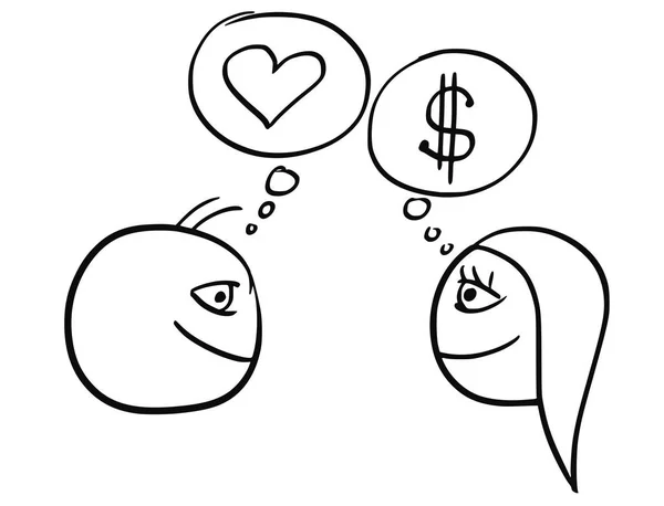 Dibujos animados vectorial del hombre y la mujer pensando diferencia sobre el dinero — Vector de stock