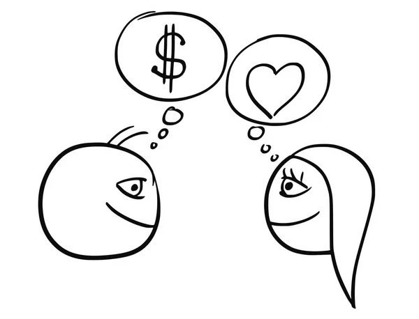 Dibujos animados vectorial del hombre y la mujer pensando diferencia sobre el dinero — Vector de stock
