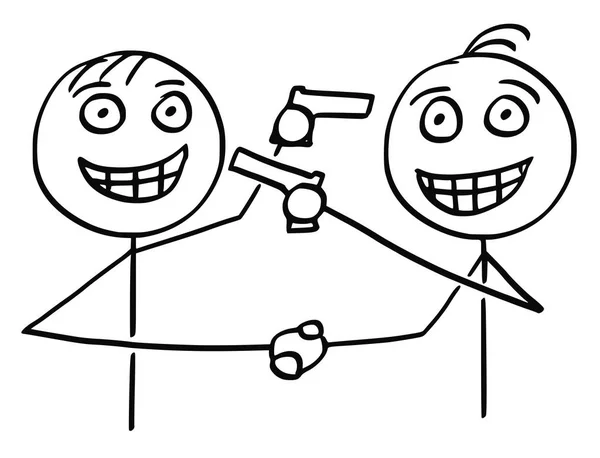 Desenhos animados vetoriais de dois homens Handshaking, sorrindo e apontando armas —  Vetores de Stock