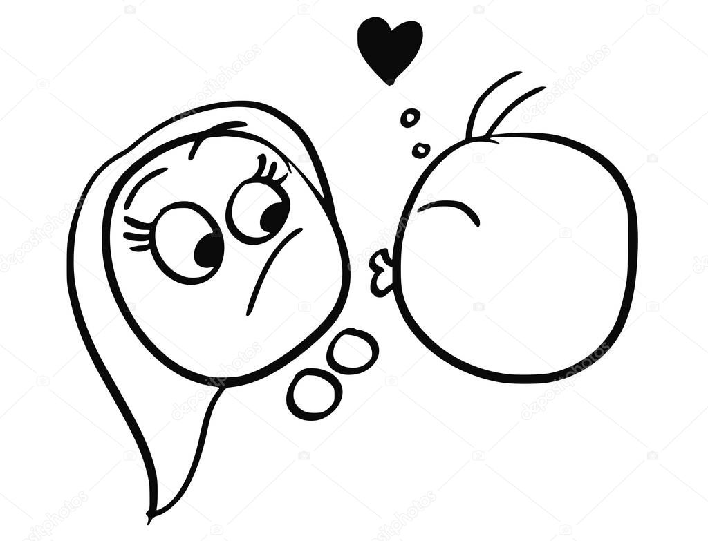 Vector Cartoon of Woman Resisting the Kiss from Man in Love