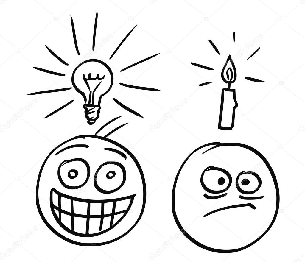 Vector Cartoon of Two Men, One with Light Bulb, Second With Cand