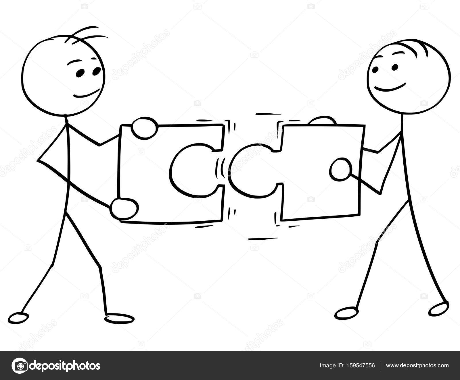Vector Stick Man Cartoon of Two Men Holding a Large Jigsaw