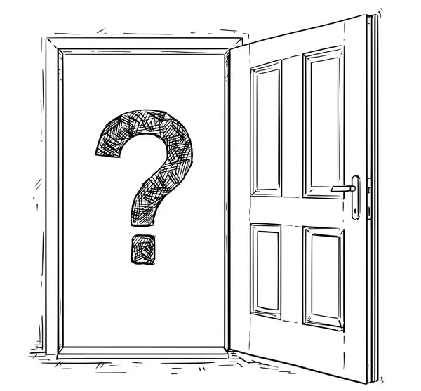 Karikatür vektör bir soru işareti ile açık ahşap kapı — Stok Vektör