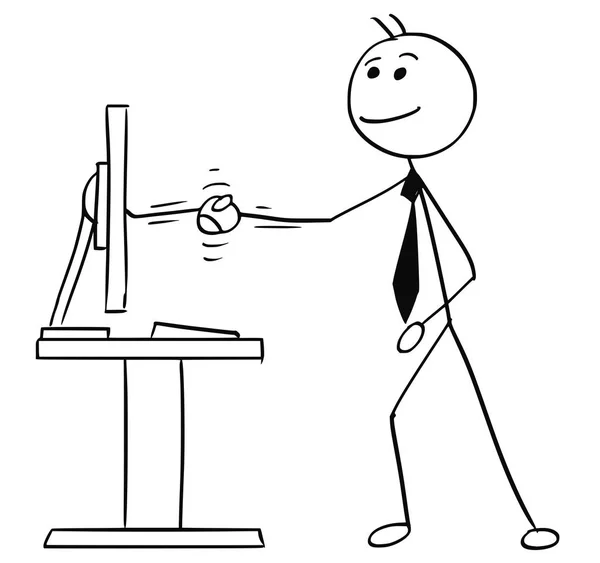 Vector Stick Man Cartoon of Shaking his Hand with Computer Scree — Stock Vector