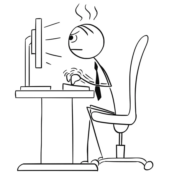 Vector Stick Man Cartoon of Man Working Typing Hard on the Compu — Stock Vector