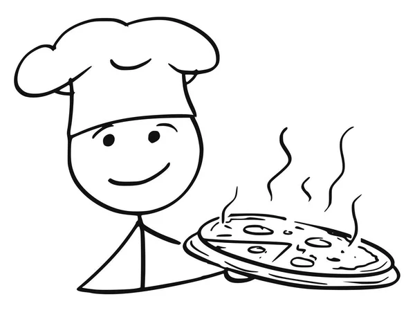 Vektor Stick Man kreslený Male kuchař kuchař v klobouku drží desku — Stockový vektor