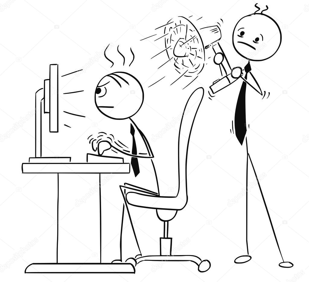 Vector Stick Man Cartoon of Man Hard Working on the Computer and