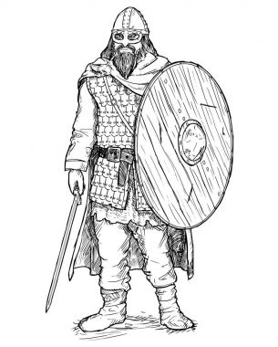 Kalem ve mürekkep çizimi Viking savaşçı kılıç ve kalkan