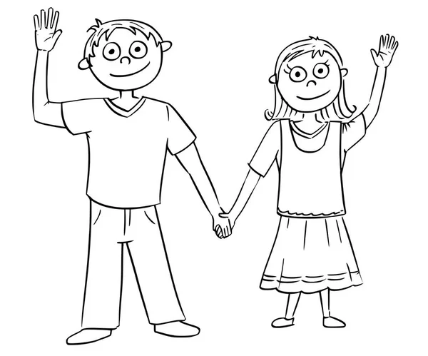 Cartoon Illustration of Boy and Girl Holding each other 's Hands - Stok Vektor