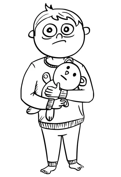 Illustration de bande dessinée d'un garçon effrayé en pyjama tenant une peluche — Image vectorielle
