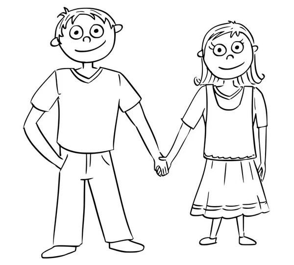 Cartoon Illustration of Boy and Girl Holding each other 's Hands - Stok Vektor