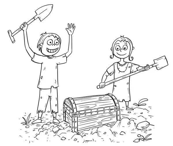 Bir hazine sandığı bulan kız ve erkek illüstrasyon karikatür