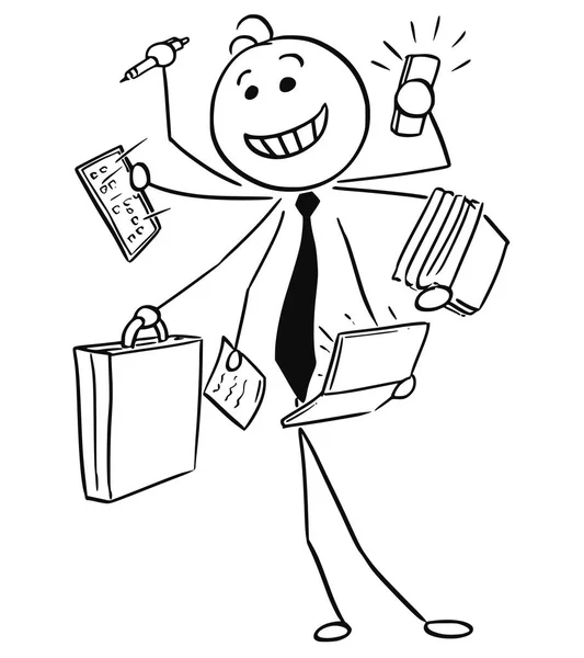 Desenhos animados ilustração do homem de negócios sorridente que trabalha em muitas tarefas —  Vetores de Stock