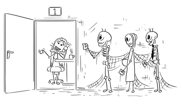 Cartoon Illustration of Three Skeletons of People Dying Waiting — Stock Illustration Cartoon Illustration of Three Skeletons of People Dying Waiting Royalty Free Stock Illustrations