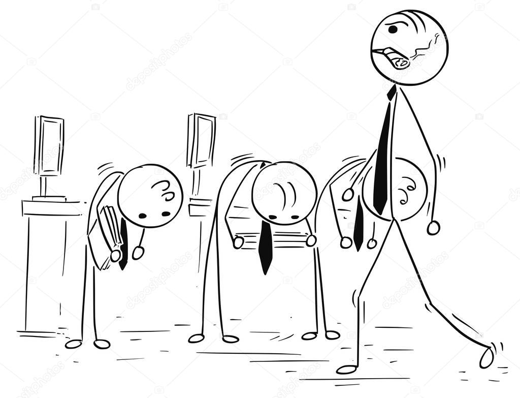 Cartoon Illustration of Boss Manager Walking, his subordinates c