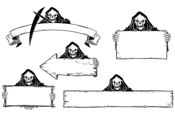 Conjunto de dibujos a mano de marcos de Halloween con Grim Reaper — Archivo Imágenes Vectoriales