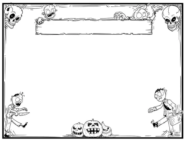 Quadro de Halloween com zumbis, crânios e abóboras —  Vetores de Stock