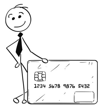 İş adamı kredi banka kartı ile karikatür çizimi