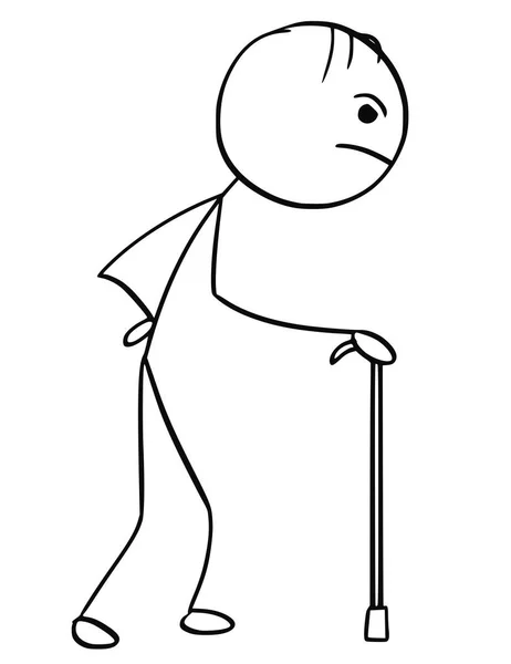 Stick Man Cartoon of Old Man Caminhando com cana — Vetor de Stock