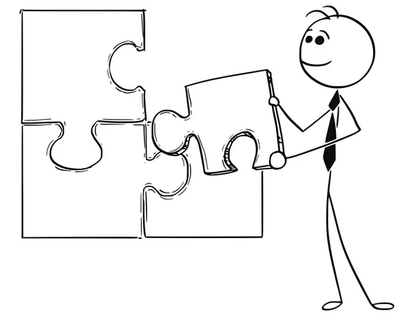 Cartoon Illustration of Business Man Holding Jigsaw Puzzle Piece — Stock Vector