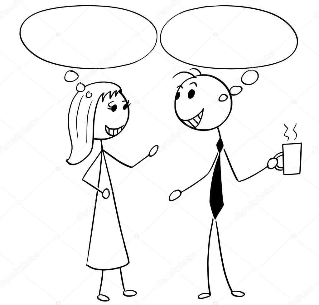 Cartoon Illustration of Man and Woman Business People Talking Ch