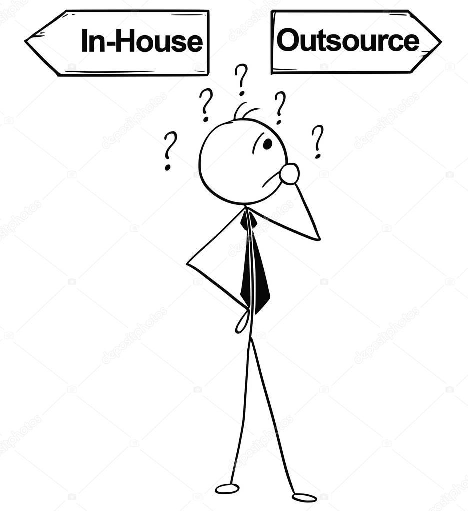 Cartoon Illustration of Business Man Doing In-House or Outsource