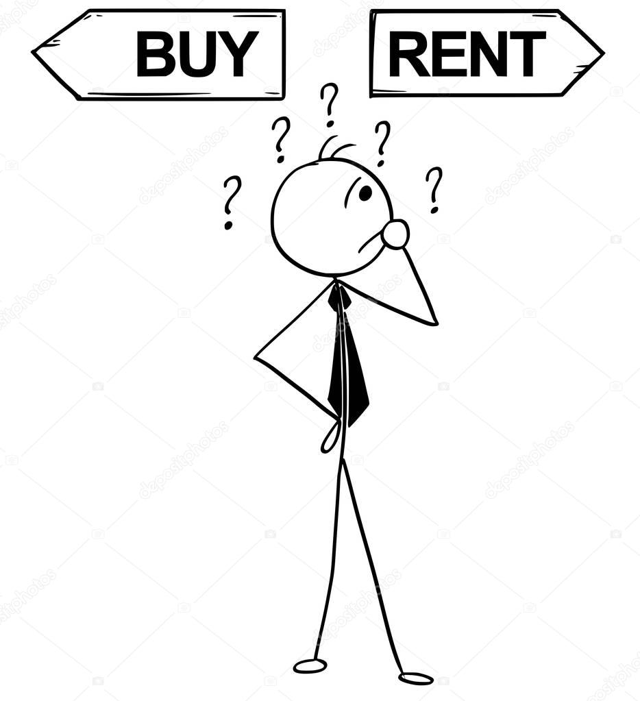 Cartoon Illustration of Business Man Doing Buy or Rent Decision