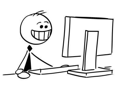 Bilgisayar üzerinde çalışmaya gülümseyen mutlu işadamı