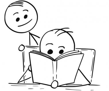 Erkek veya çocuk onun arkasında başka bir adam ve bir kitap okuma