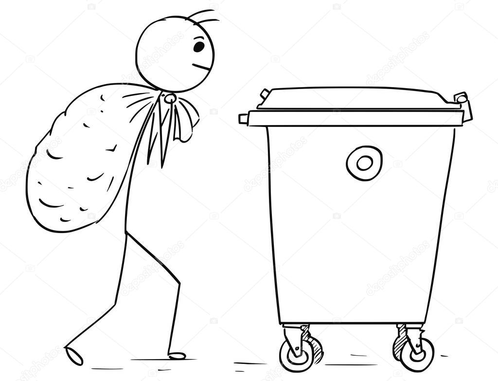 Man Carry Large Bag of Waste to Throw it in Waste Container Dump
