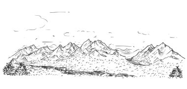 Dağ dağlık kayalık peyzaj yarım yamalak çizim