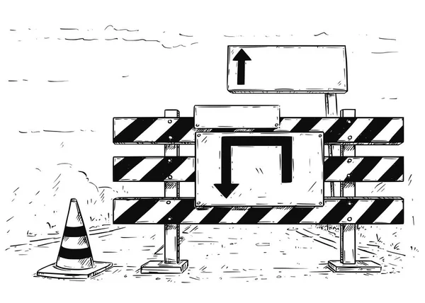 Dessin du barrage routier de détour avec panneau blanc vide — Image vectorielle