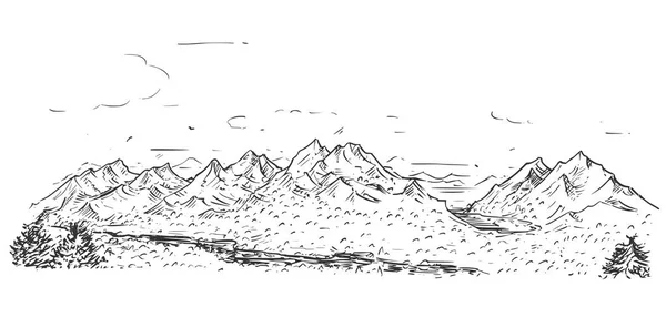 Disegno schizzinoso del paesaggio roccioso collinare della montagna — Vettoriale Stock
