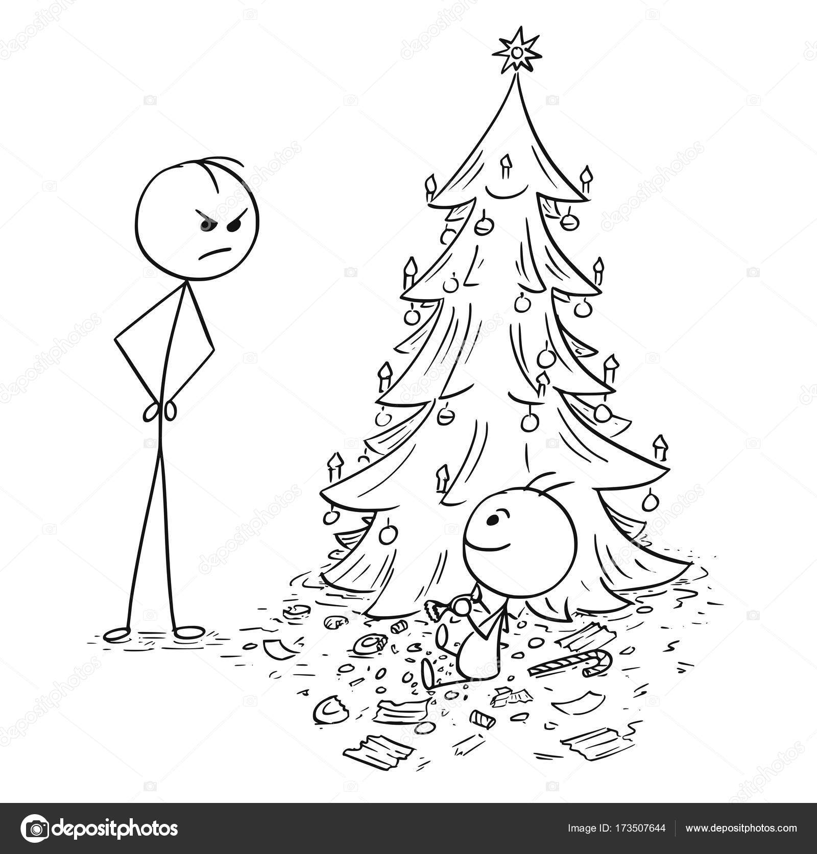 Stick uomo fumetto disegno del bambino mangiare tutte le caramelle dolci dall albero di Natale senza il permesso del padre padre guardando lui o lei