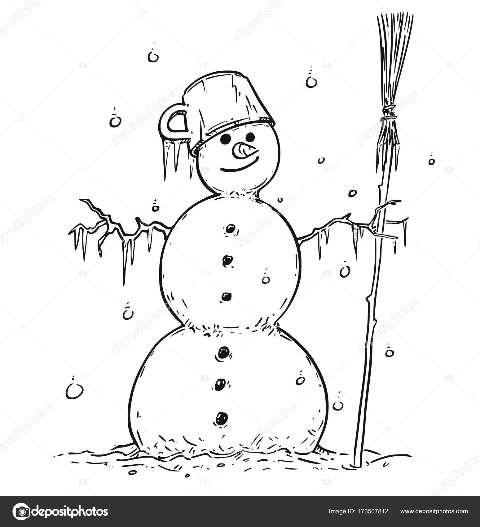 Disegno Del Pupazzo Di Neve Sorridente Con La Scopa E Pot