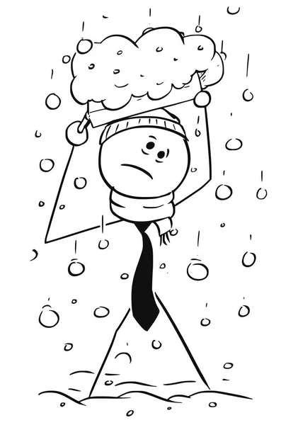 Empresario frío caminando a la oficina durante nevadas fuertes — Vector de stock