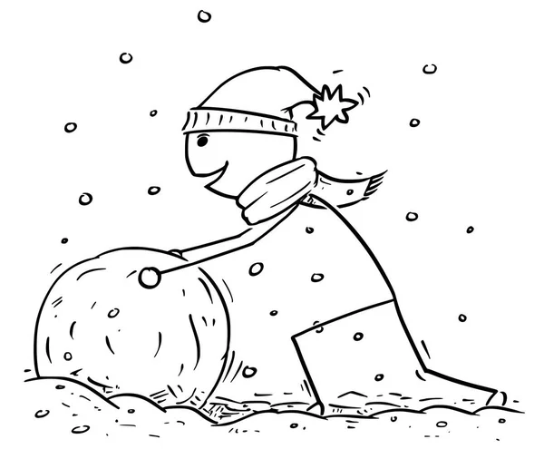 Hombre haciendo gran bola de nieve muñeco de nieve durante las nevadas de invierno — Vector de stock