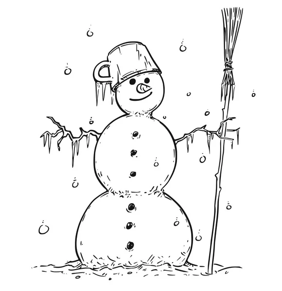Dibujo del muñeco de nieve sonriente con escoba y maceta — Vector de stock
