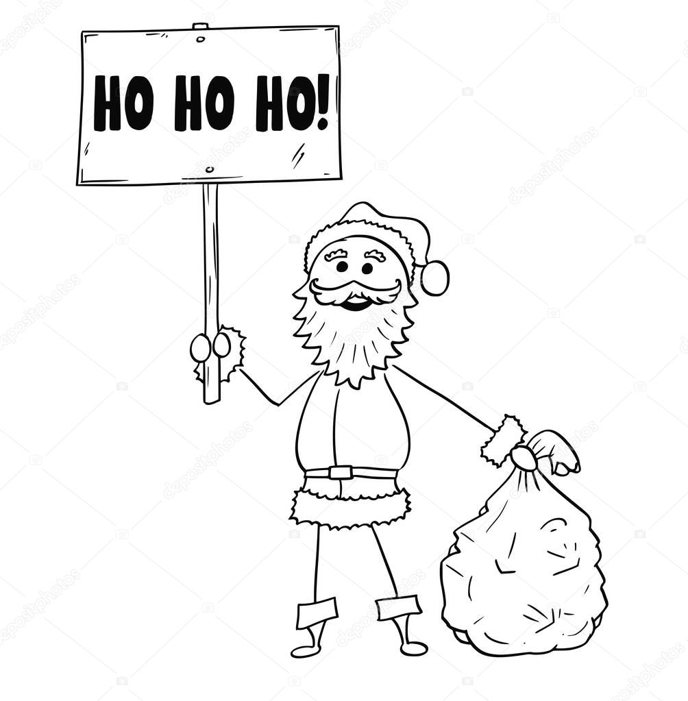 Christmas Santa Claus with Bag of Gifts and Ho Ho Ho Words Sign