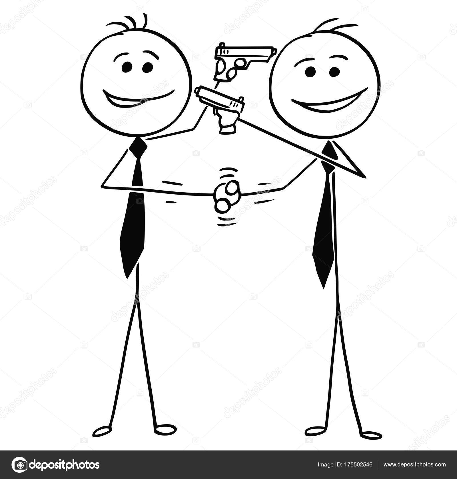 Vector Cartoon of Two Men Handshaking, Smiling and Pointing Guns Stock  Vector Image by ©ursus@ #175502546