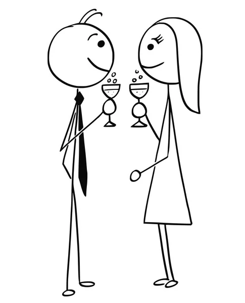 Vector Cartoon of Man and Woman Drinking Wine or Champagne - Stok Vektor