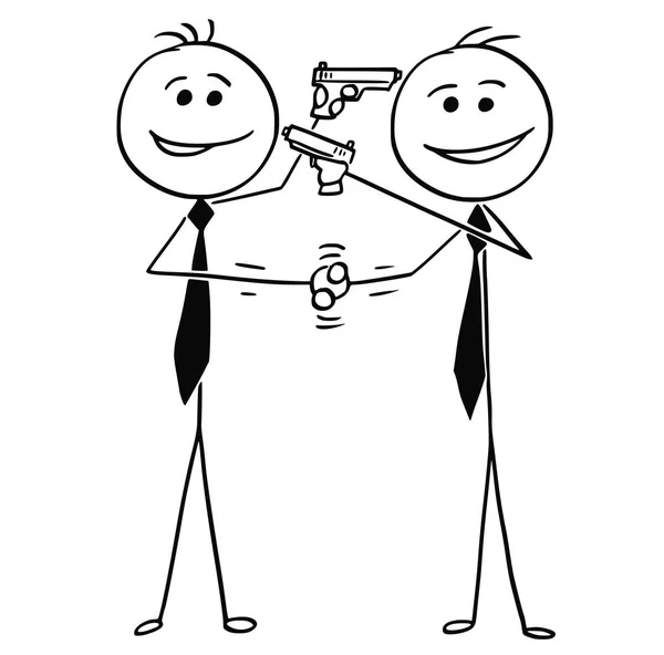 Dibujos animados vectorial de dos hombres apretón de manos, sonriendo y apuntando armas — Vector de stock