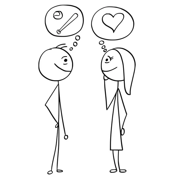 Vektor-Karikatur von Mann und Frau im Gespräch über Baseball und Liebe — Stockvektor