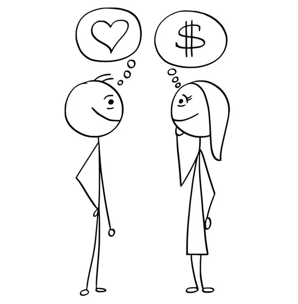 Vector Cartoon of Man and Woman Talking about Money and Love — Stock Vector