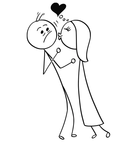 Vector de dibujos animados del hombre resistiendo el beso de la mujer enamorada — Vector de stock