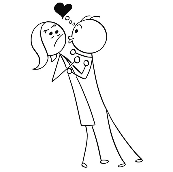 Vektor-Karikatur einer Frau, die sich dem Kuss eines verliebten Mannes widersetzt — Stockvektor